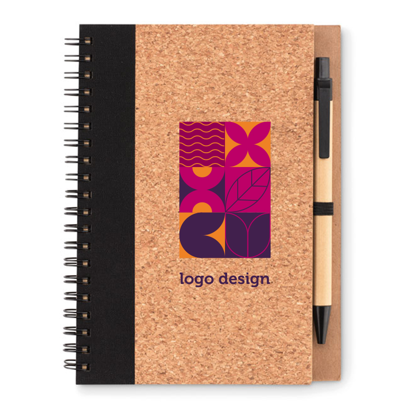 Cork notebook with ballpoint pen recycled cardboard